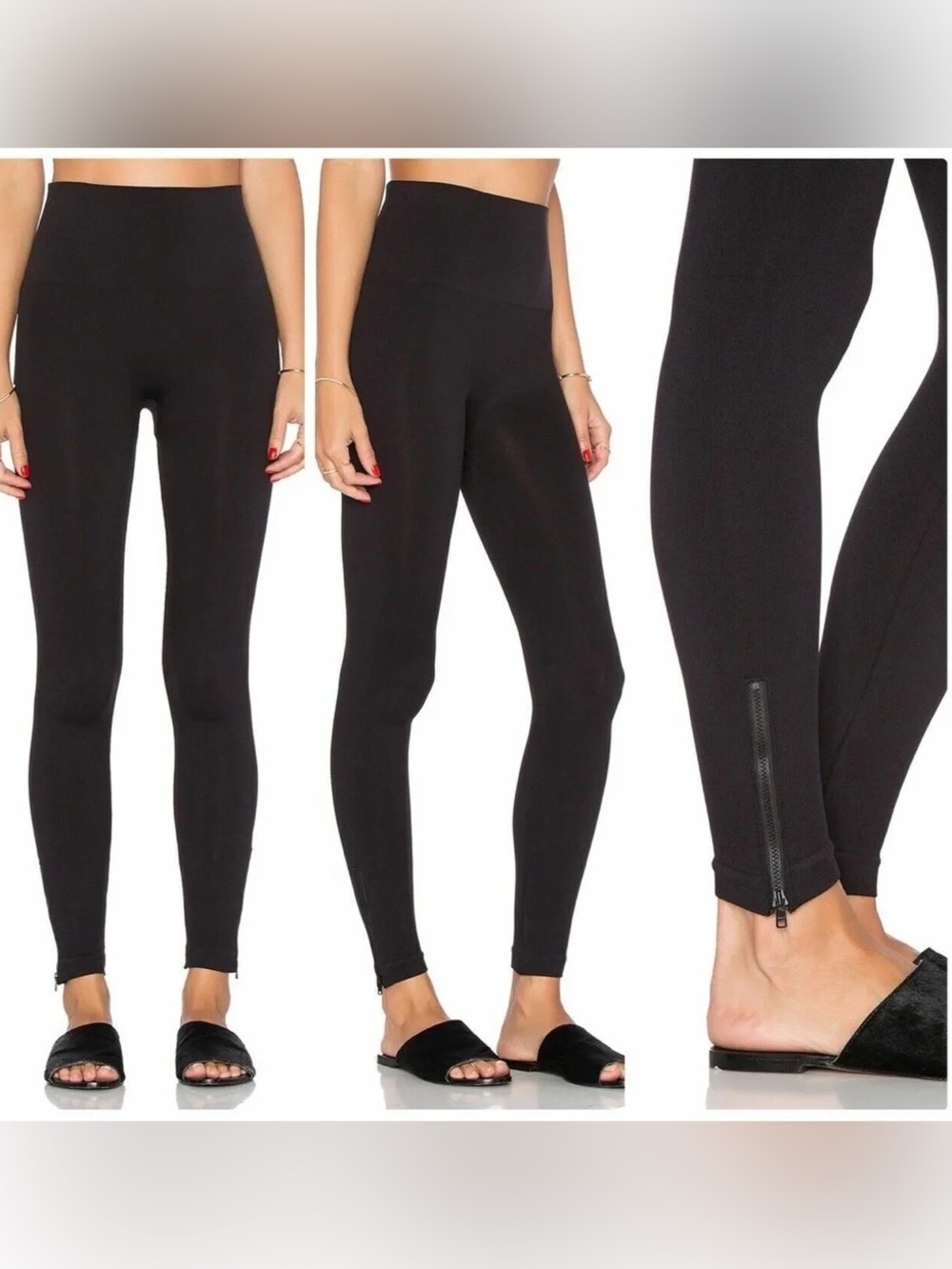 SPANX Black Seamless High-Waisted Leggings with Ankle Zippers, L, EUC